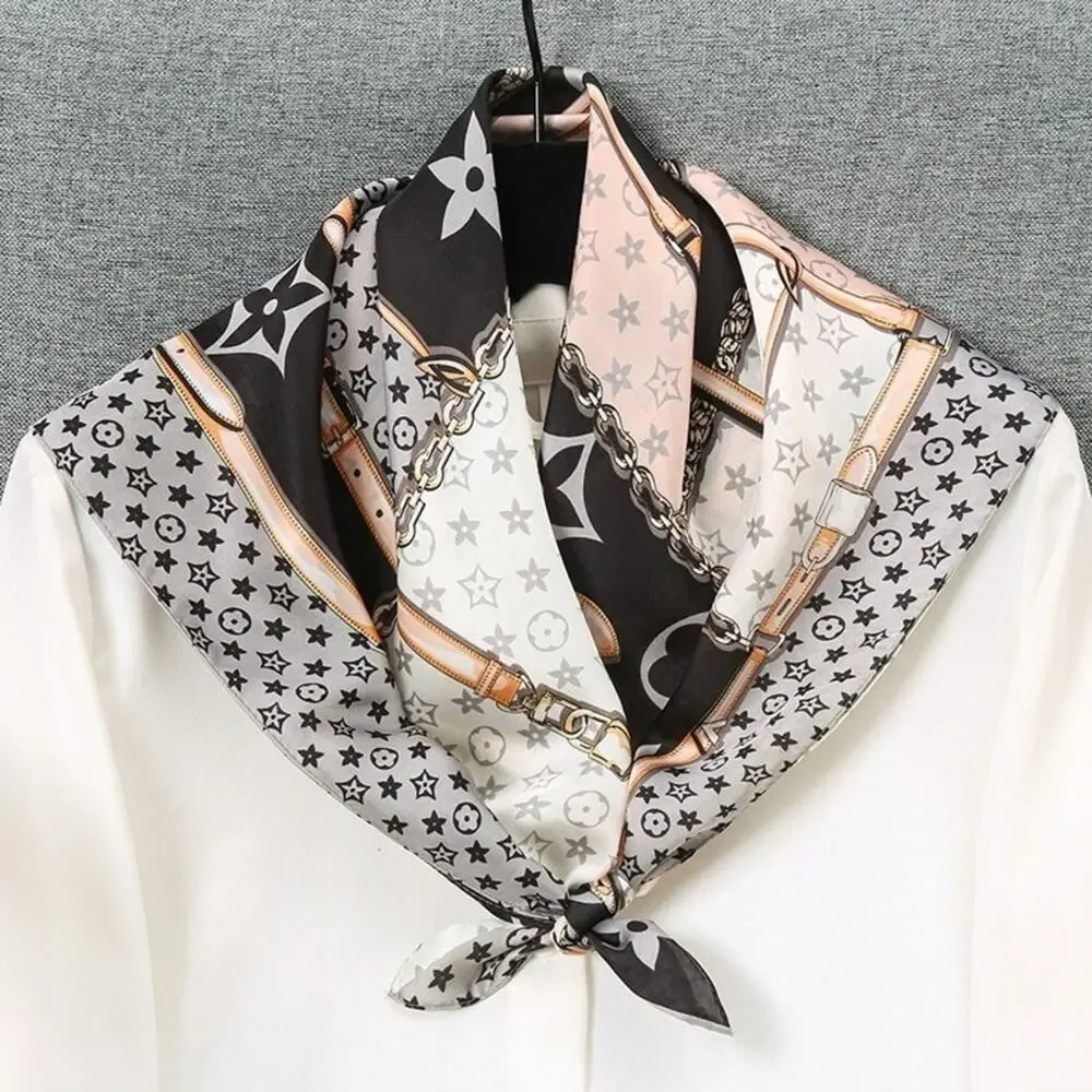 Luxury Monogram & Chain Print Silk-Feel Square Scarf